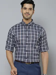 DENNISON Men Grey & White Pure Cotton Smart Slim Fit Tartan Checks Checked Formal Shirt