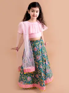 pspeaches Girls Blue & Pink Ready to Wear Lehenga & Blouse With Dupatta