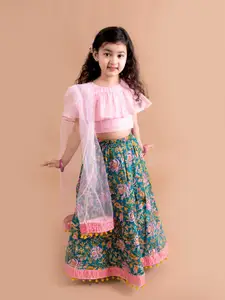 pspeaches Girls Blue & Pink Ready to Wear Lehenga & Blouse With Dupatta