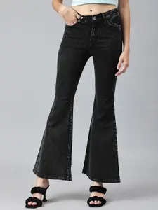 Xpose Women Black Comfort Flared High-Rise Slash Knee Light Fade Stretchable Jeans