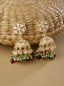 Zaveri Pearls Green & Maroon Kundan Studded Jhumkas Earrings