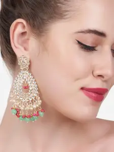 Zaveri Pearls Green & Pink Kundan Studded Chandbalis Earrings