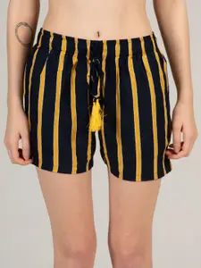 evolove Women Black & Mustard Yellow Striped Lounge Shorts