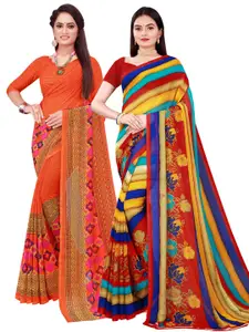 Florence Orange & Yellow Striped Printed Pure Georgette Saree Pack Of 2