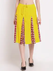 PATRORNA Women Mustard Yellow Printed Knee Length Flared Skirt