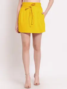 PATRORNA Women Plus Size Mustard Solid High Waist Mini Skirt