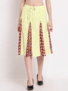 PATRORNA Women Plus Size Cream Printed Knee Length Flared Skirt