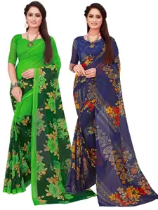 KALINI Pack Of 2 Navy Blue & Green Floral Pure Georgette Saree