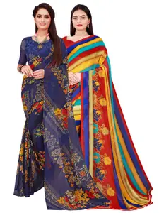 KALINI Pack of 2 Red & Navy Blue Floral Printed Pure Georgette Saree