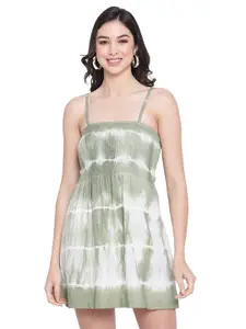 Aawari Green & White Tie and Dye Dyed Smocked Fit & Flare Mini Dress