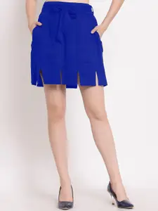 PATRORNA Women Blue Solid Straight Mini Skirt