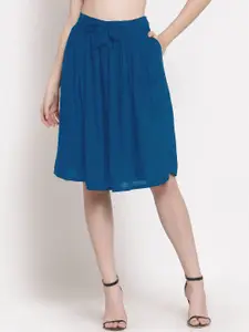 PATRORNA Women Blue Solid Pleated A-Line Skirt
