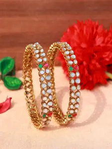 I Jewels Set of 2 Red Gold-Plated Maroon & Green Stone Kada Bangles