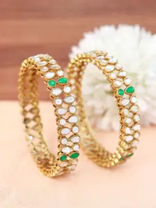 I Jewels Women Set of 2 Gold-Plated & Green Stone Studded Bangles