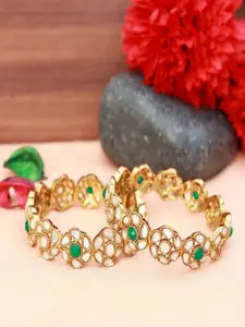 I Jewels Set of 2 Green Gold-Plated Stone Kada Bangle