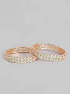I Jewels Set of 2 Sea Green Rose-Gold Plated AD Stone Studded Handcrafted Bangles