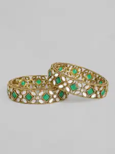 I Jewels Set of 2 Gold-Plated Green Stone Bangle
