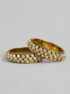 I Jewels Women Set of 2 Gold-Plated & off-White Stone Studded & Beaded Handcrafted Bangles