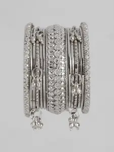 I Jewels Set Of 10 Silver-Plated Oxidised Bangles