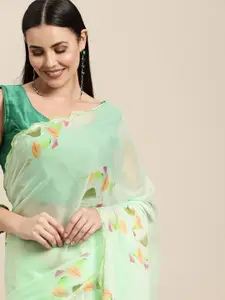 VASTRANAND Green Floral Sequinned Pure Chiffon Saree