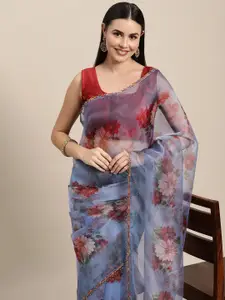VASTRANAND Blue & Red Floral Sequinned Organza Saree