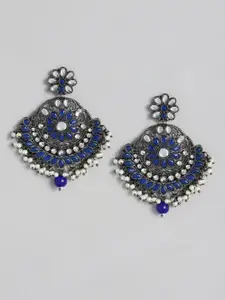 I Jewels Blue & White Oxidized Silver Plated Kundan & Stone Studded Chandbali