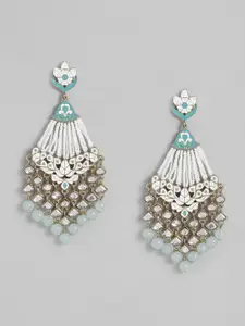 I Jewels Turquoise Blue & White Gold Plated Kundan & Pearls Studded Classic Drop Earrings