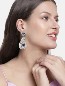 I Jewels White & Navy Blue Silver Plated AD Studded Drop Earrings