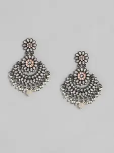 I Jewels Peach & White Oxidized Silver Plated Kundan & Stone Studded Chandbali