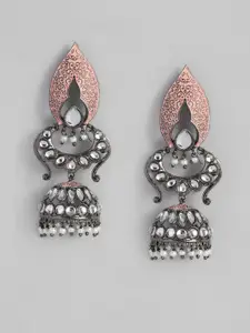 I Jewels Peach-Coloured & White Silver Plated Oxidised Kundan & Stone Studded Jhumkas