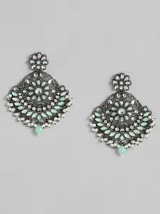 I Jewels Sea Green & White Oxidized Silver Plated Kundan & Stone Studded Chandbali