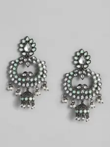 I Jewels Sea Green & White Silver Plated Oxidised Kundan & Stone Studded Jhumkas