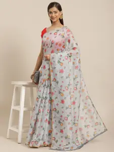 Silk Land Grey & Pink Floral Zari Organza Chanderi Saree