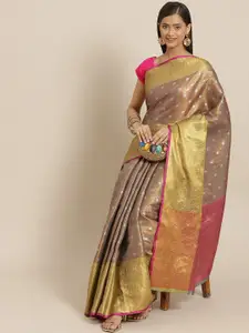 Silk Land Grey & Golden Ethnic Motifs Zari Banarasi Saree