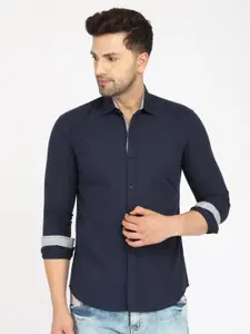 Zombom Men Navy Blue Regular Fit Solid Spread Collar Casual Shirt
