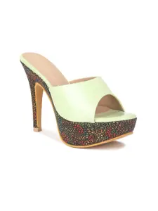 VALIOSAA Green Printed Platform Sandals 5 Inch Heels