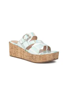 VALIOSAA Green Striped Flatform Sandals with Buckles 2 Inch Heels