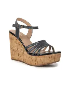 VALIOSAA Black Wedge Sandals with Buckles 4 Inch Heels