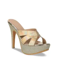 VALIOSAA Gold-Toned Textured Party Platform Sandals 5 Inch Heels