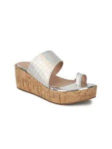 VALIOSAA Silver-Toned Textured Wedge Sandals 2 Inch Heels