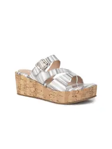 VALIOSAA Grey Striped Flatform Sandals with Buckles 2 Inch Heels