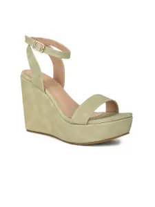 VALIOSAA Olive Green Textured Wedge Sandals with Buckles 4 Inch Heels