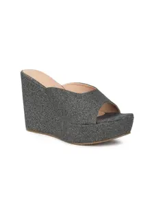 VALIOSAA Gunmetal-Toned Textured Party Wedge Sandals 4 Inch Heels