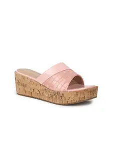 VALIOSAA Pink Textured Flatform Sandals 2 Inch Heels