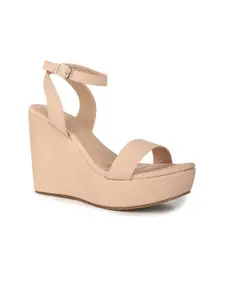 VALIOSAA Pink Textured Wedge Sandals with Buckles 4 Inch Heels