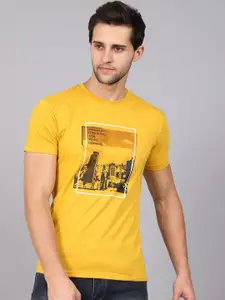 Rodamo Men Yellow Printed Slim Fit Round Neck  T-shirt