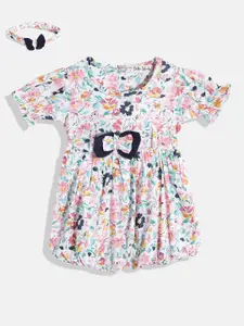 Bella Moda White & Blue Cotton Floral A-Line Dress with Head Band