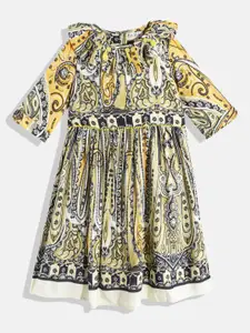 Bella Moda Yellow & Navy Blue Cotton Ethnic Motifs A-Line Dress