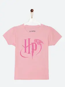 YK Warner Bros Girls Pink Harry Potter Typography Printed Puff Sleeve Cotton T-shirt