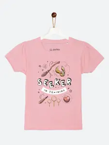 YK Warner Bros Girls Pink Harry Potter Typography Printed Puff Sleeve Cotton T-shirt